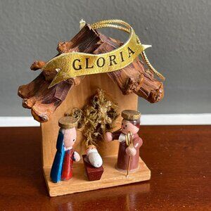 Vtg Wooden Nativity Ornament Handcrafted Manger Scene “Gloria” Banner Christmas